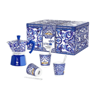 Bialetti Moka Express x Dolce&Gabbana 3 Cup + Glasses Tin Gift Set Blu Mediterraneo Espresso Elements