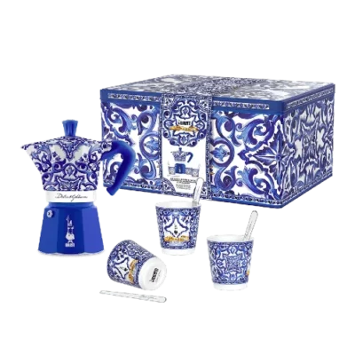 Bialetti Moka Express x Dolce&Gabbana 6 Cup + Glasses Tin Gift Set Blu Mediterraneo Espresso Elements